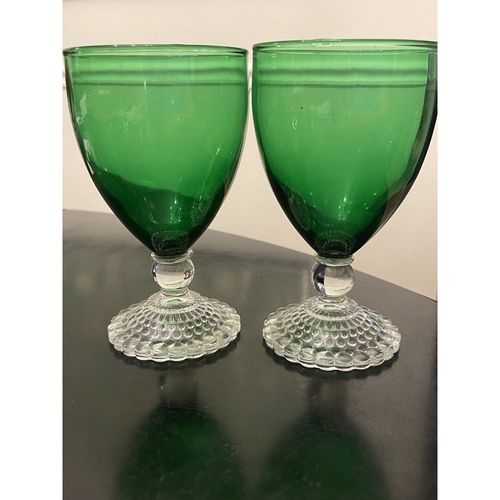 4 Anchor Hocking Boopie Emerald Green Bubble Foot Vintage Water Goblet Glasses